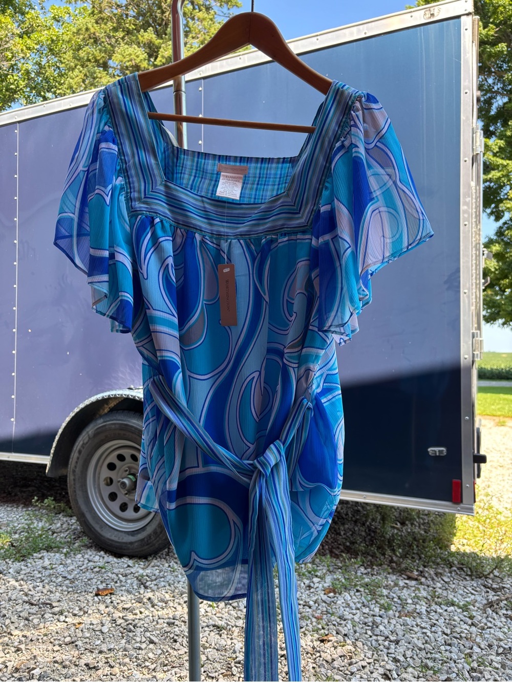 Worthington Blue Printed Flutter-Sleeve Tie-Waist Blouse